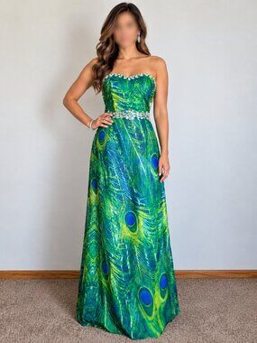 Angel Fashions Peacock Feather Print Strapless Rhinestone Dress - Size L